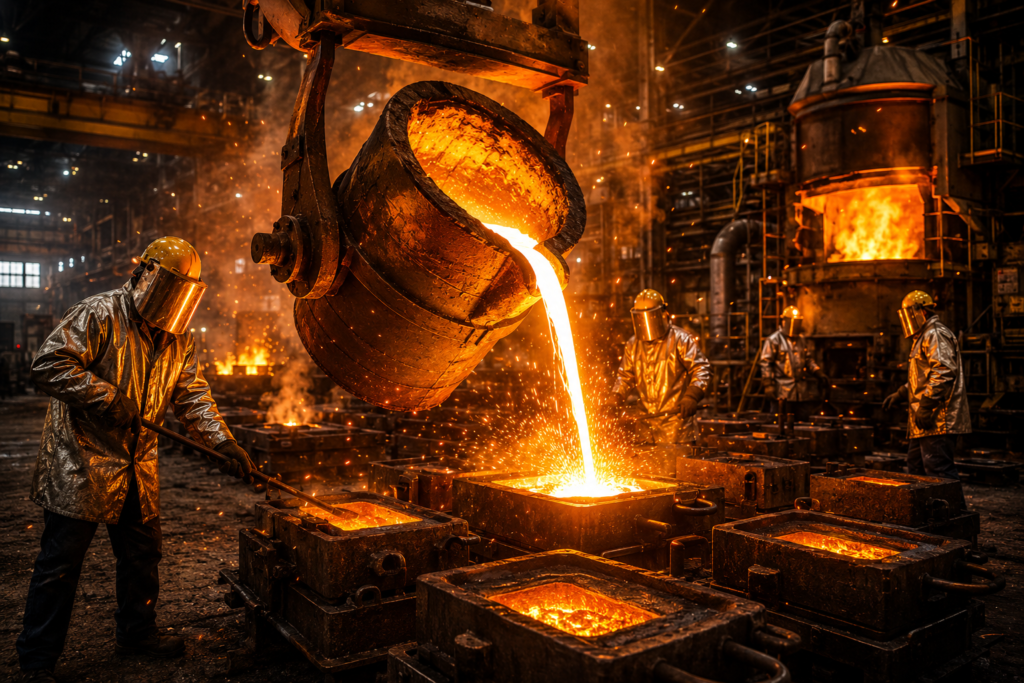 Foundry industry video showing industrial machinery, molten metal work, and factory production